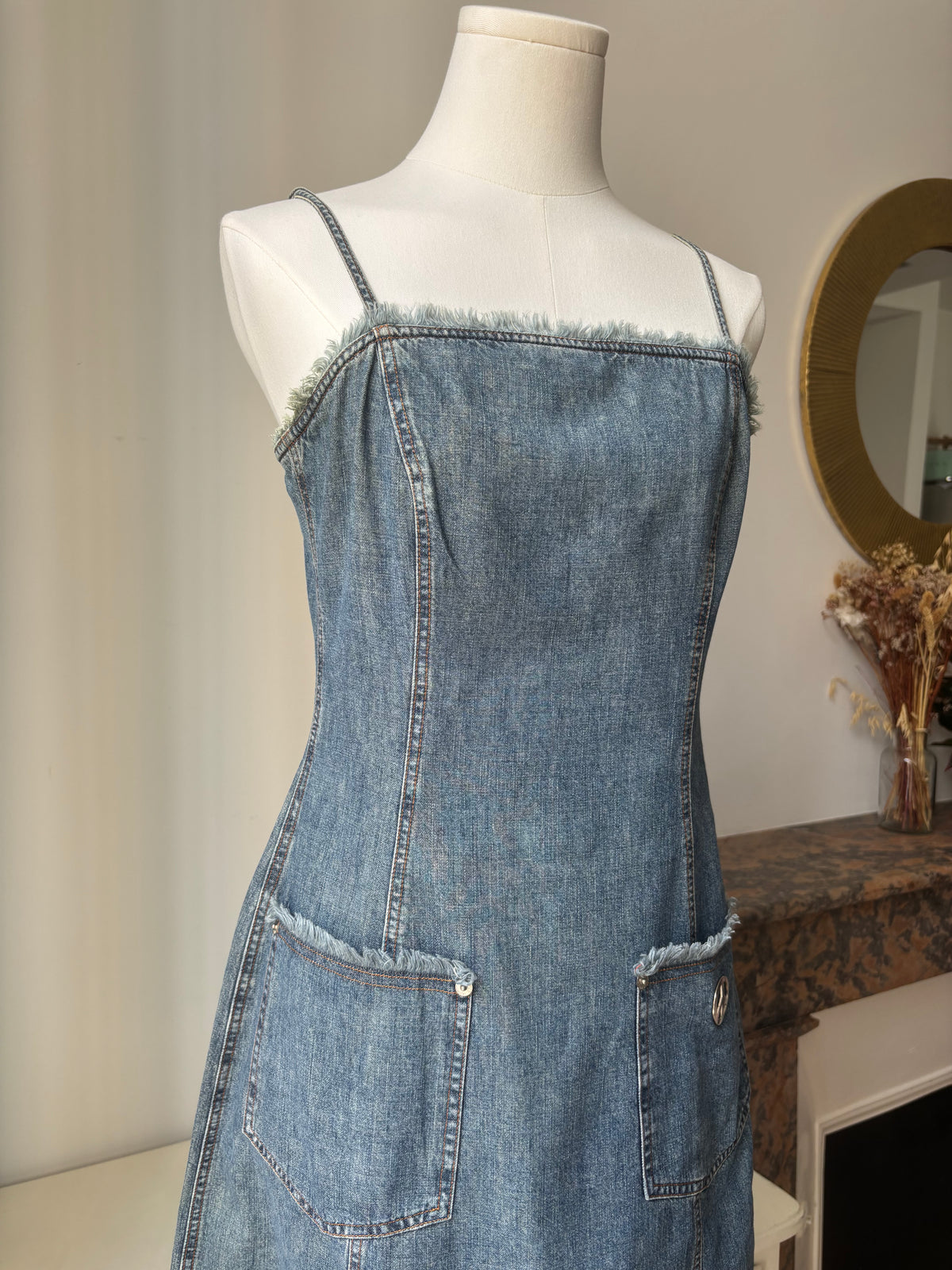 Moschino Robe Jean Vintage Bretelles Denim Bleu — S/M