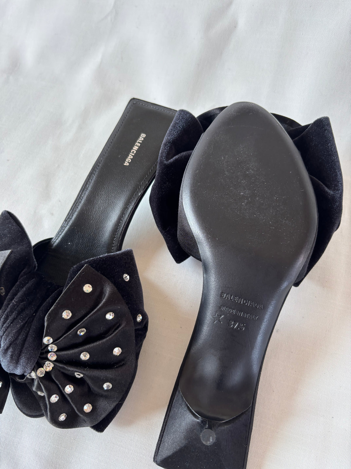 Balenciaga black leather mules with rhinestone bow - 37.5