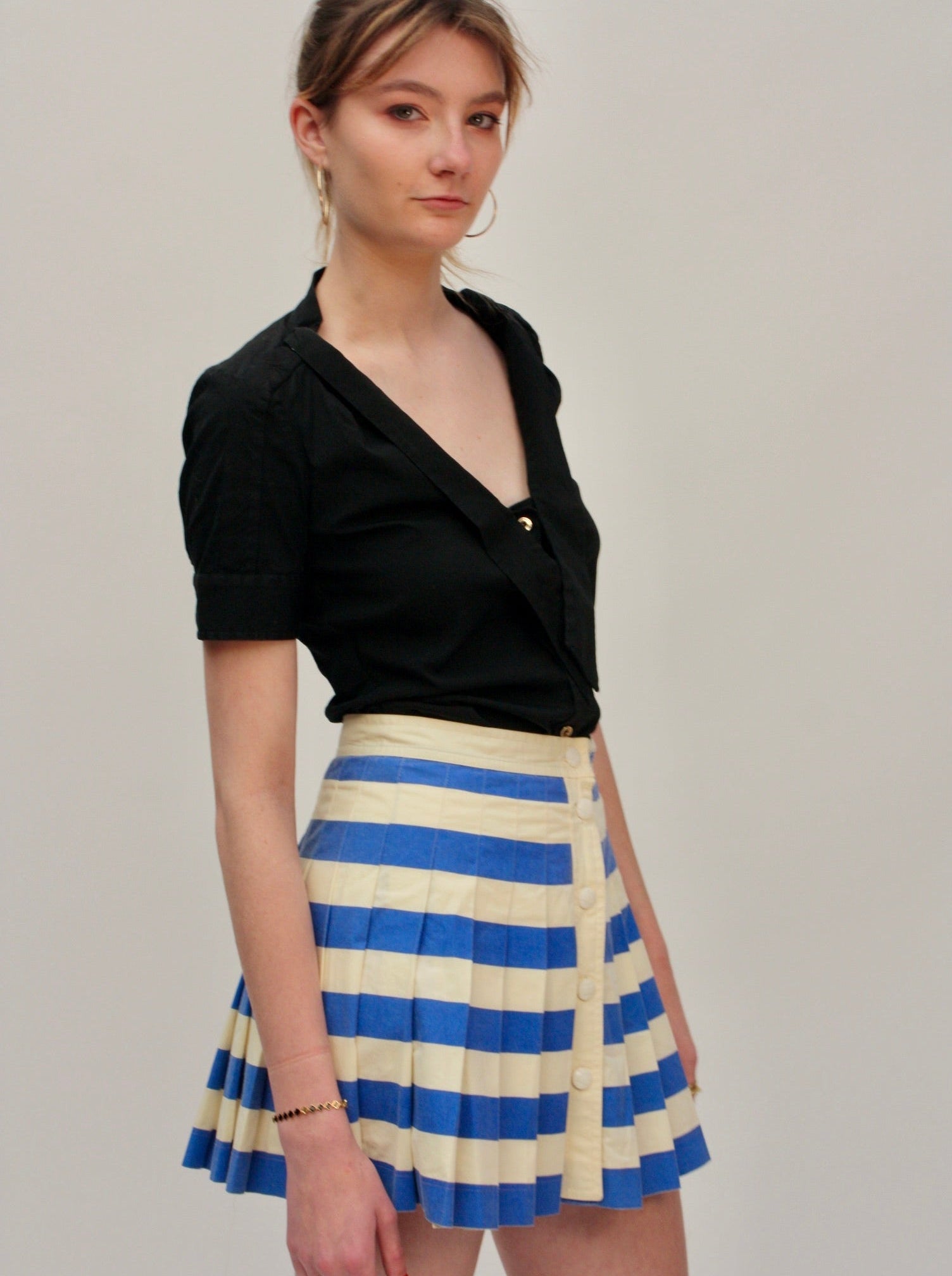 Valentino Sport – Jupe vintage plissée bleu et blanc – S
