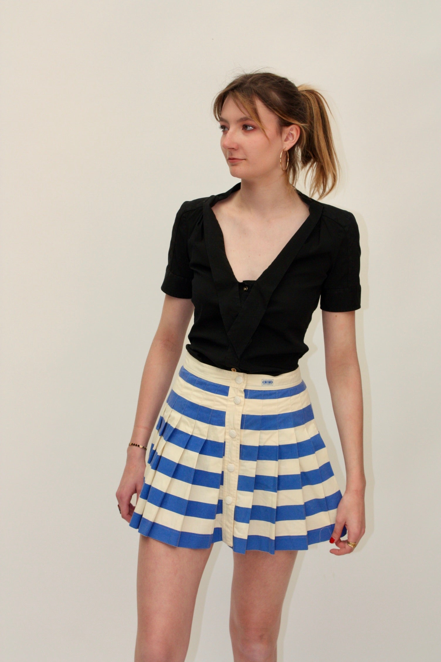 Valentino Sport – Jupe vintage plissée bleu et blanc – S