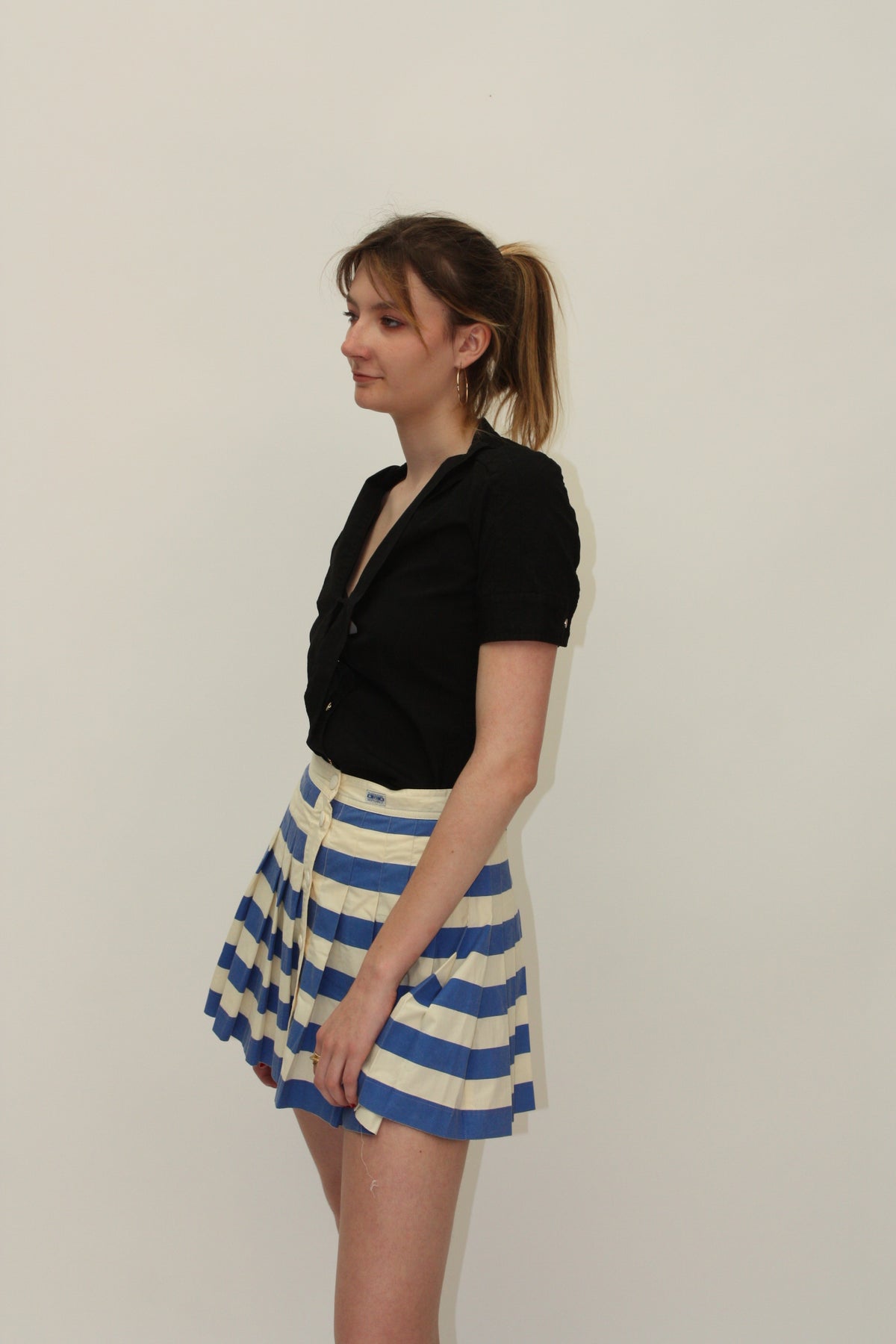 Valentino Sport – Jupe vintage plissée bleu et blanc – S