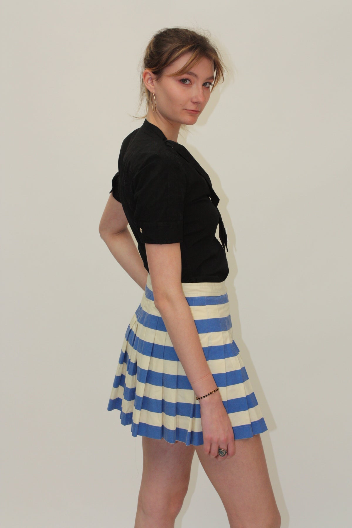 Valentino Sport – Jupe vintage plissée bleu et blanc – S