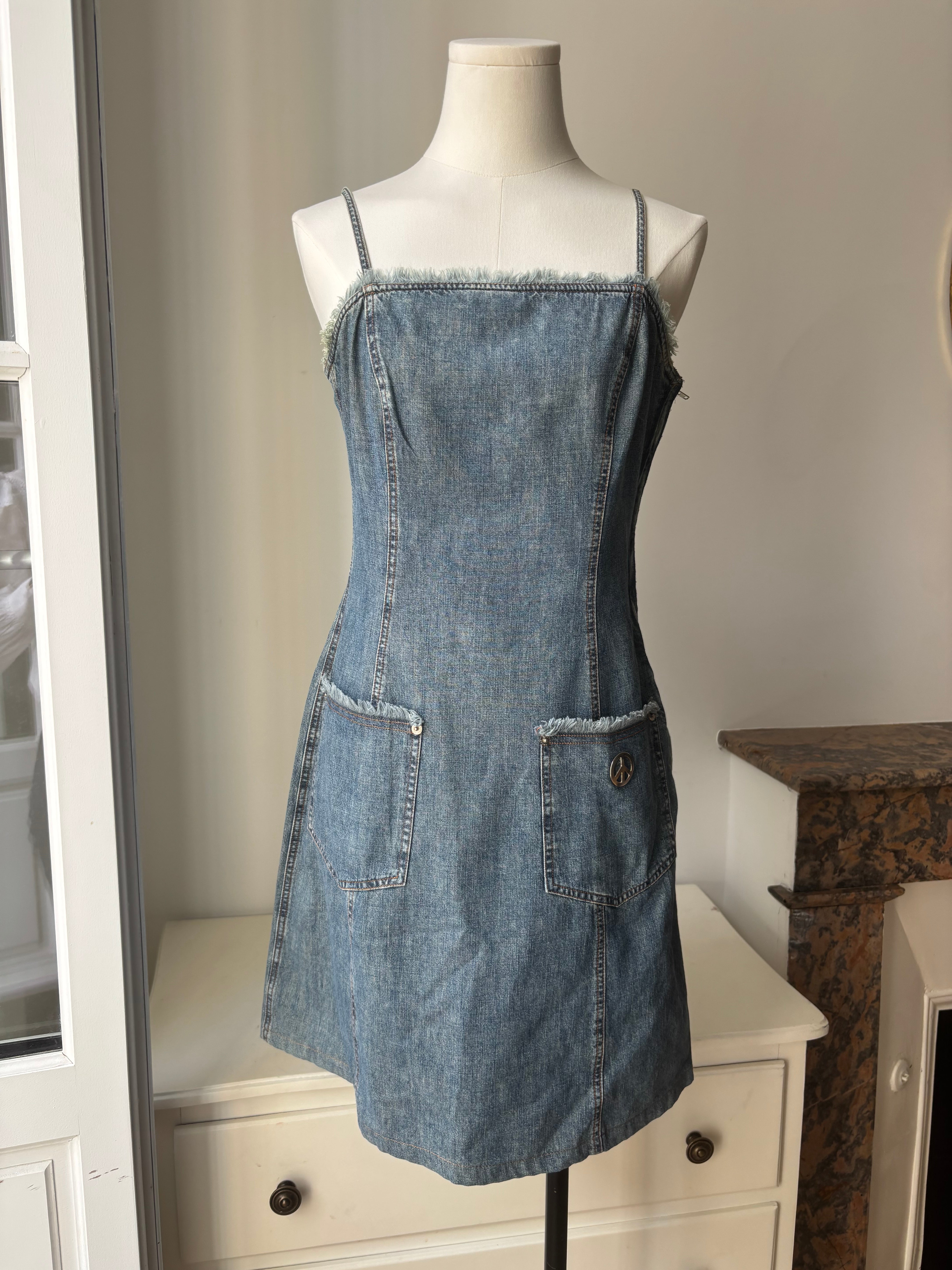 Moschino Robe Jean Vintage Bretelles Denim Bleu — S/M