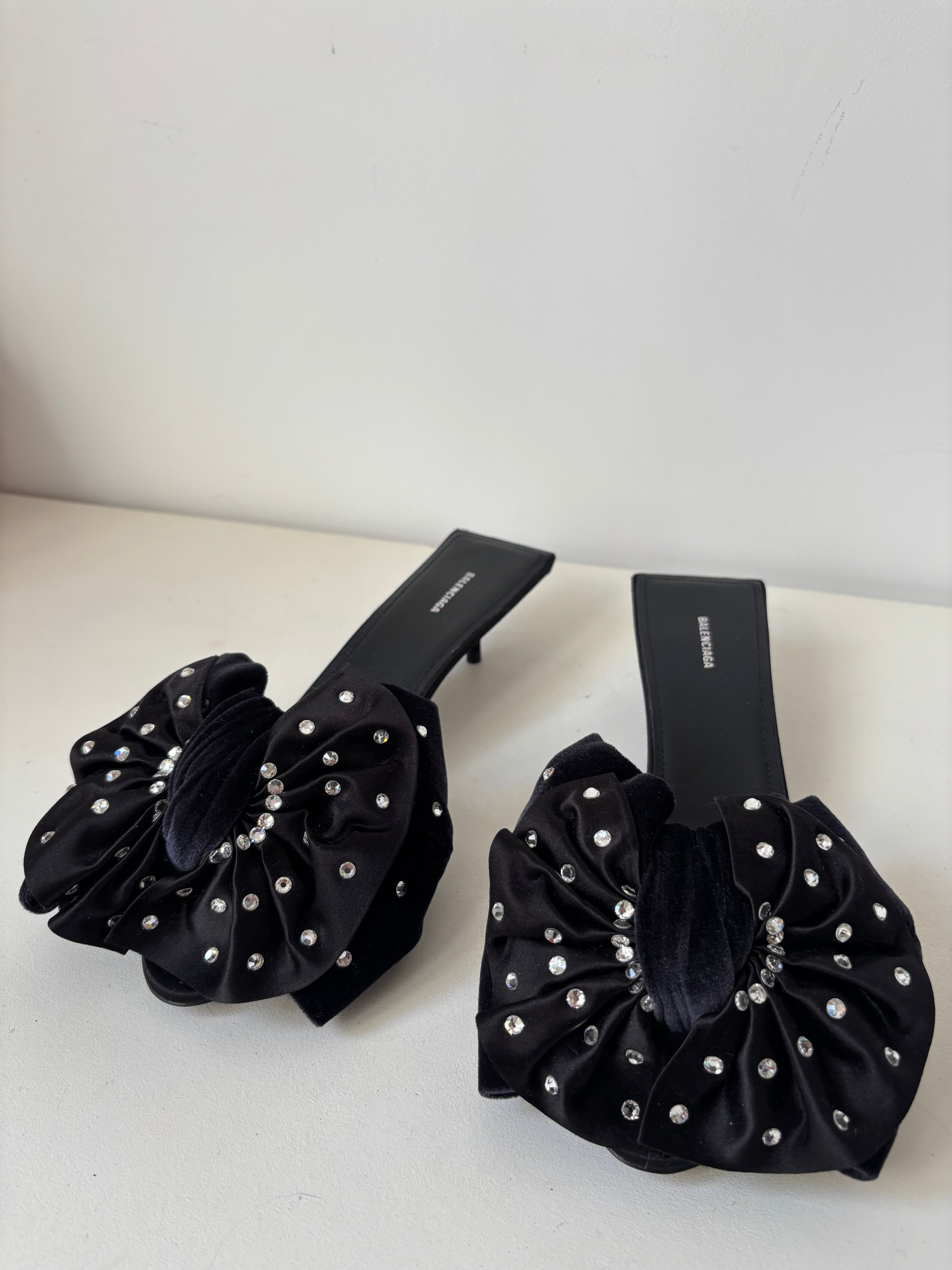 Balenciaga black leather mules with rhinestone bow - 37.5