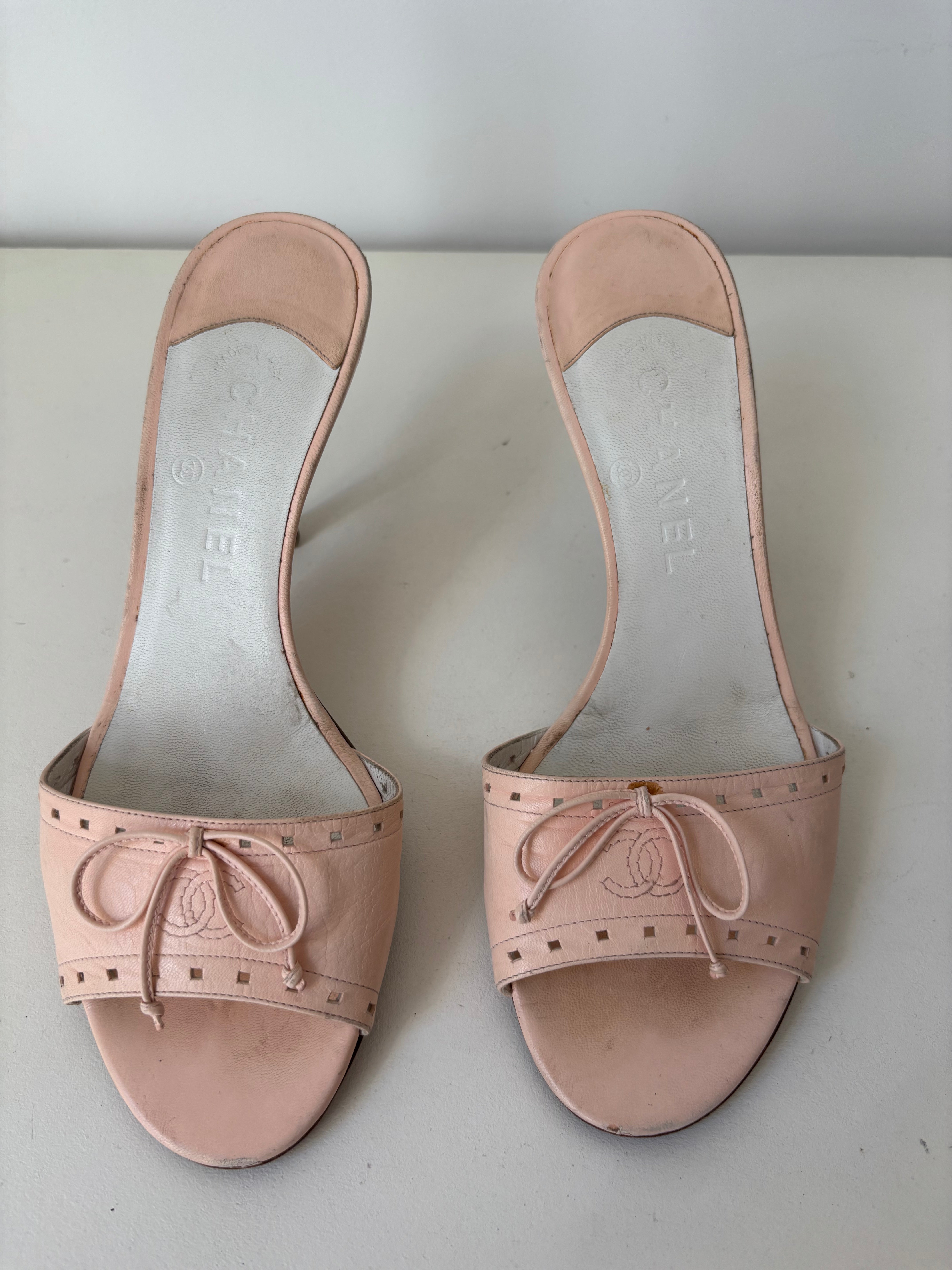 Pink Chanel heeled mules