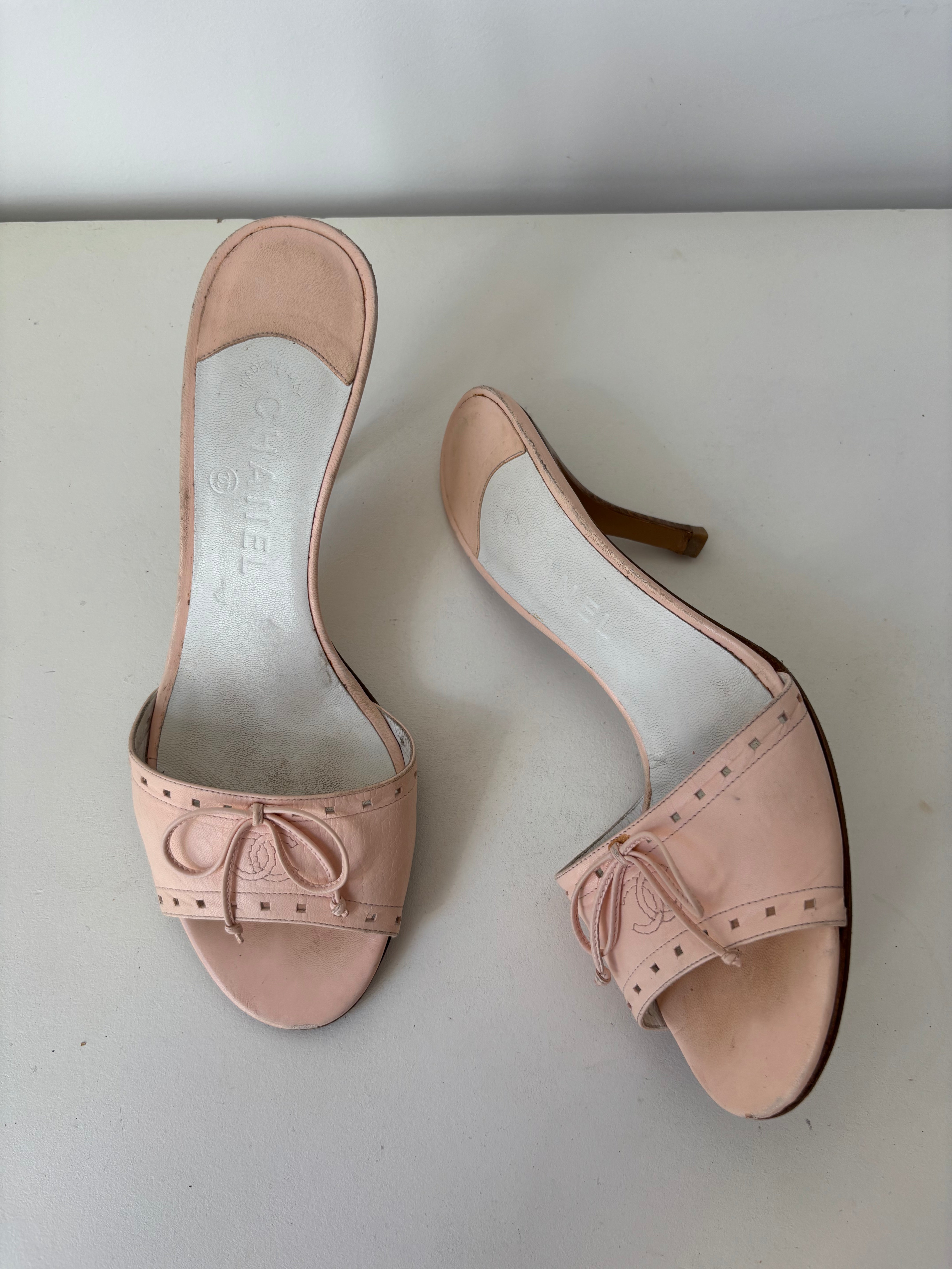 Pink Chanel heeled mules