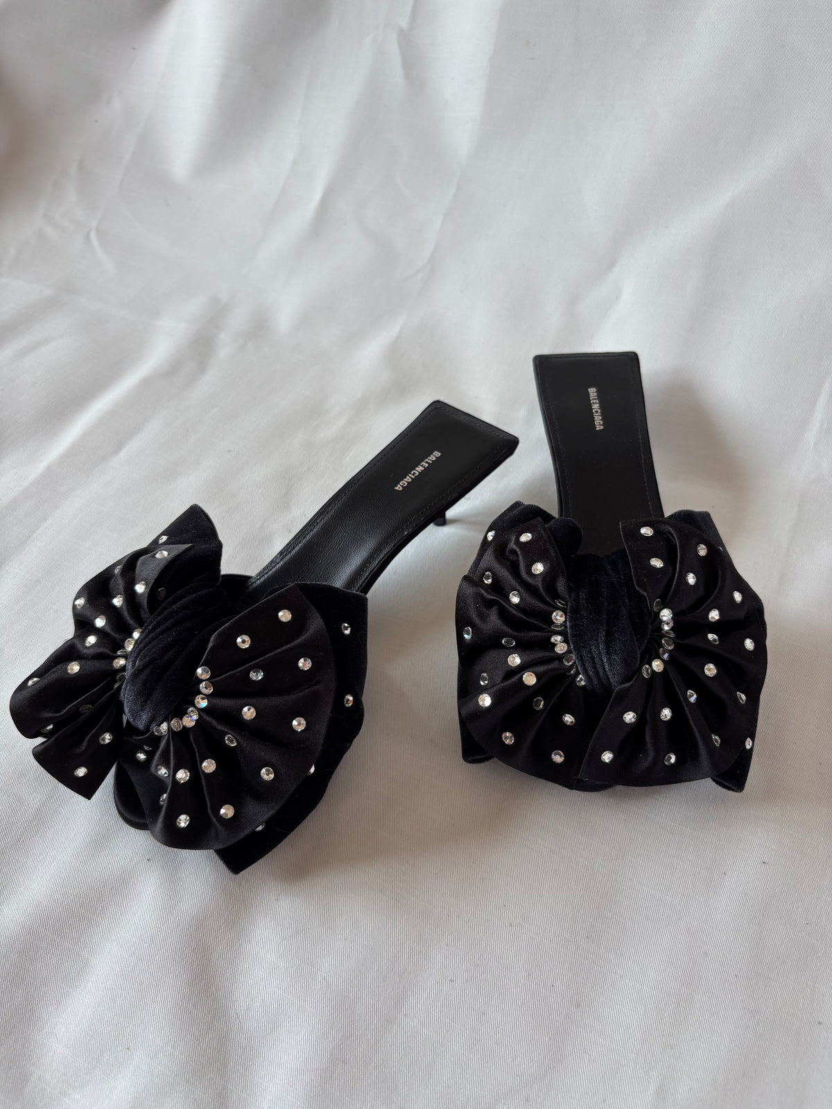 Balenciaga black leather mules with rhinestone bow - 37.5