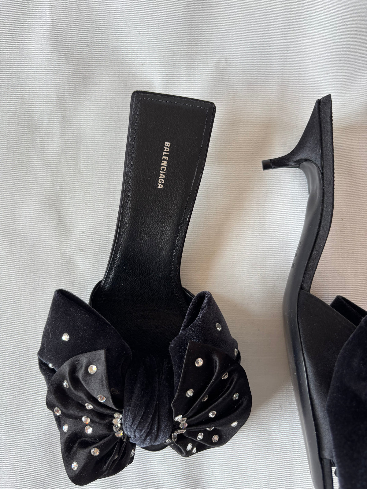 Balenciaga black leather mules with rhinestone bow - 37.5