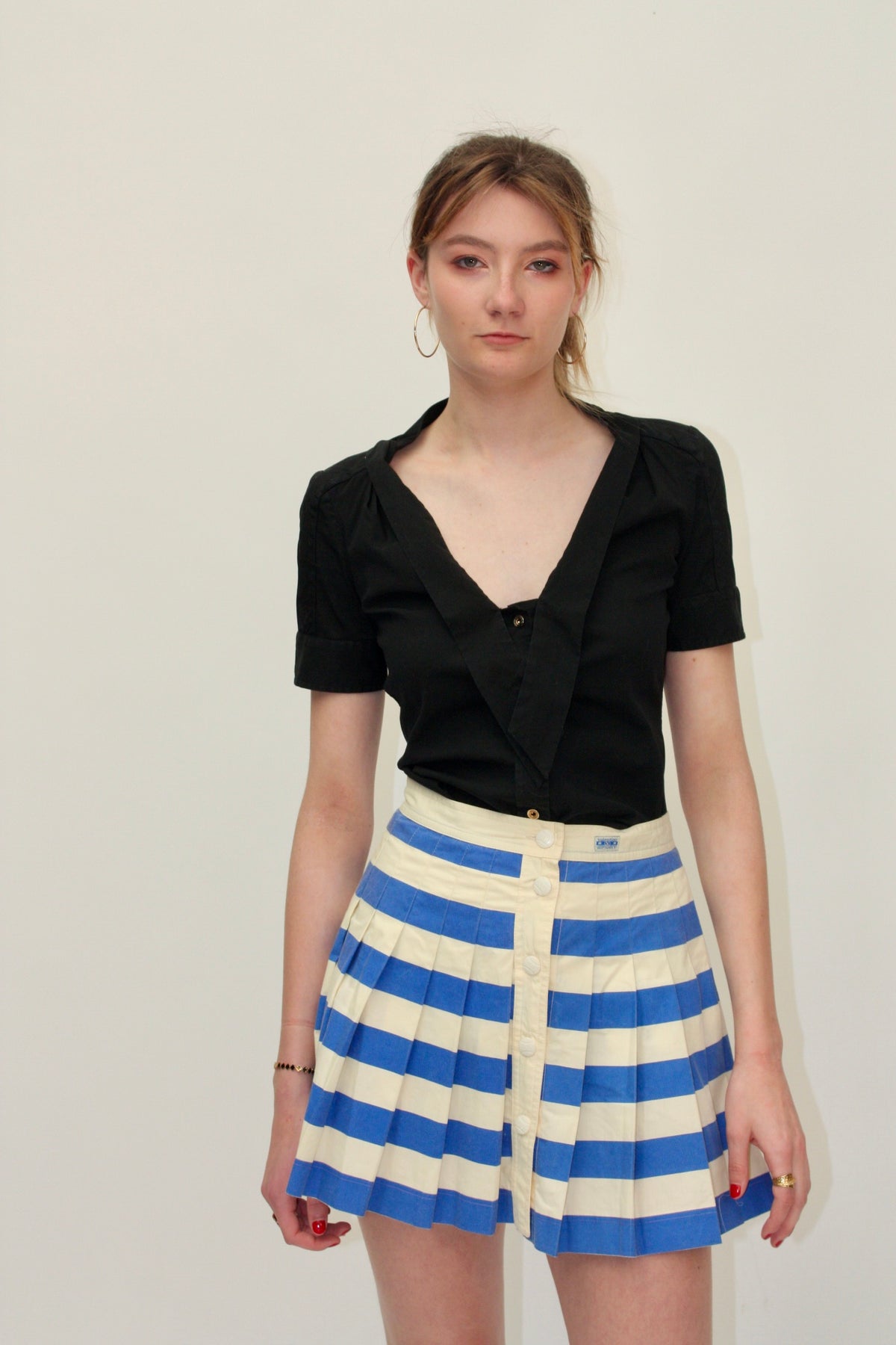 Valentino Sport – Jupe vintage plissée bleu et blanc – S