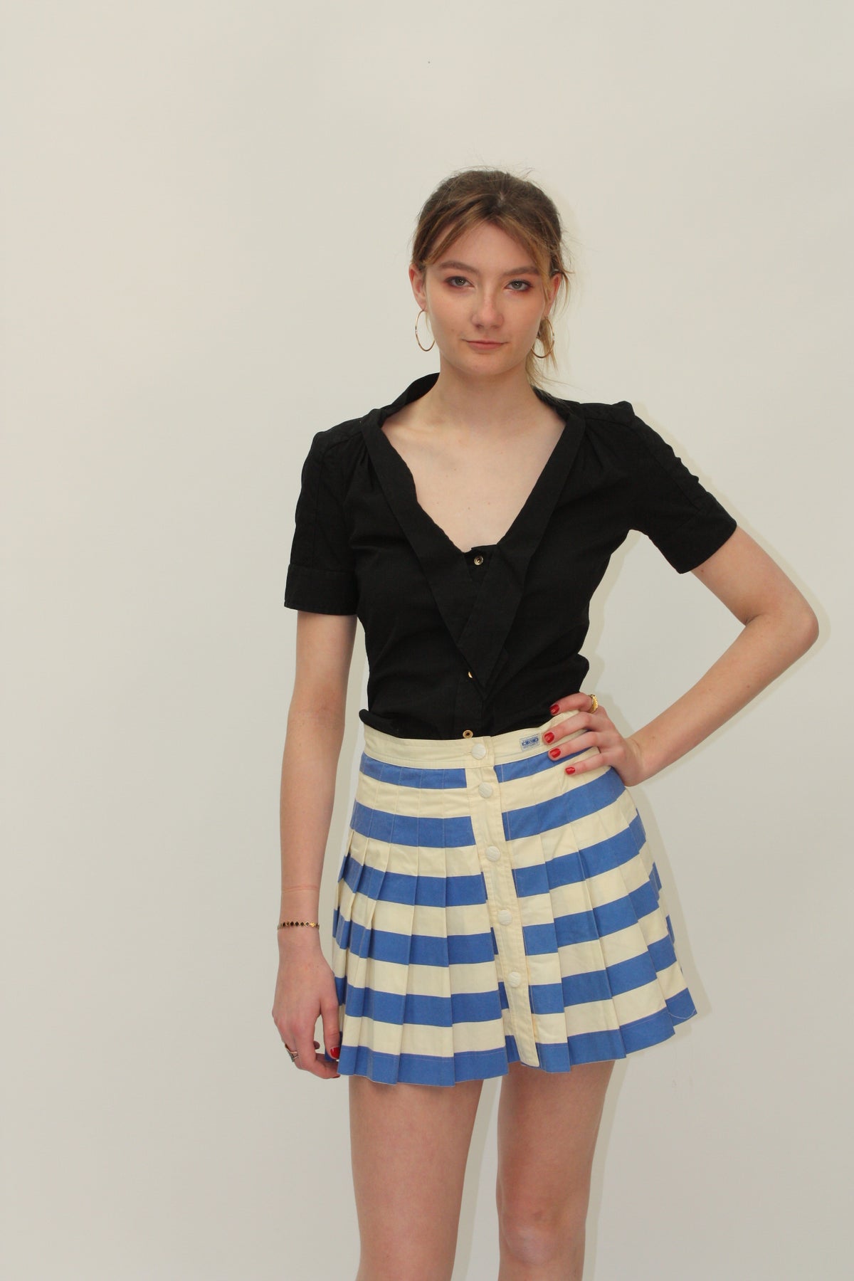Valentino Sport – Jupe vintage plissée bleu et blanc – S
