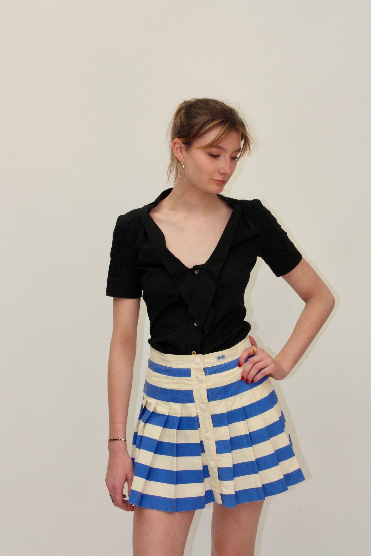 Valentino Sport – Jupe vintage plissée bleu et blanc – S